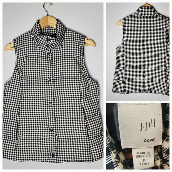 J Jill Black & White micro checkered down filled puffer vest Size Small Petite - Picture 1 of 14